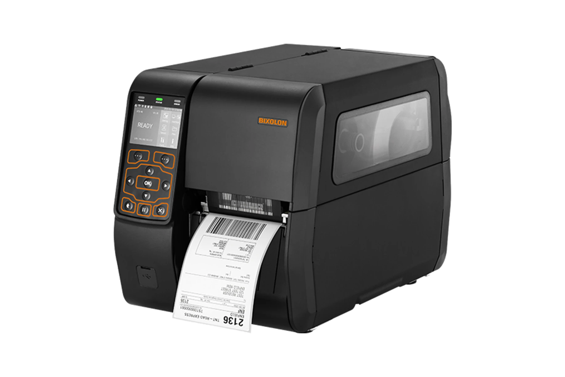 bixolon-xt5-40-front-left-side-media لیبل پرینتر صنعتی بیکسولون مدل xt5-40 - نمای روبرو در حال چاپ