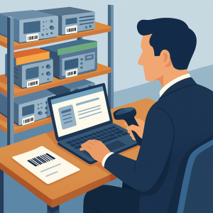 حسابدار در حال طبقه بندی دارایی ثابت با بارکدخوان روی لپ‌تاپ